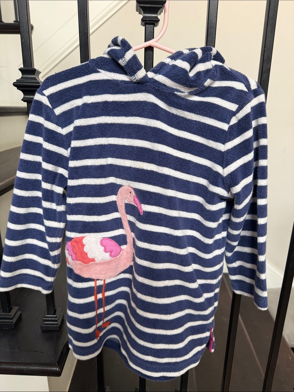 Mini Boden Navy and White Striped Hooded Swim Coverup with Pink Flamingo